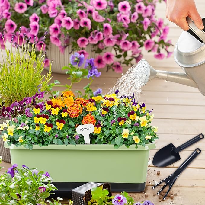 Window Box Planter 6 Pcs, 17 Inches Rectangle Flower Pots with Drainage Holes and Trays, Vegetable Planters for Windowsill Patio Garden Balcony Home Indoor Outdoor (Light Green, 18*10*6 inch) Oliz