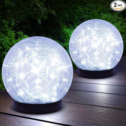 2-Pack Garden Solar Lights Outdoor, Cracked Glass Ball Light Waterproof, Decorative Solar Powered Globe Lighting Cool White for Yard Pathway ASOMST