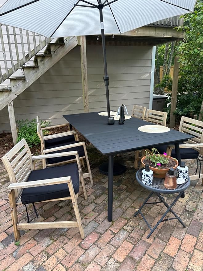 83" Patio Outdoor Dining Table for 6-8, Weather-Resistant Wood-Grain Top with Aluminum Frame & Umbrella Hole for Deck Gatherings, Black VredHom