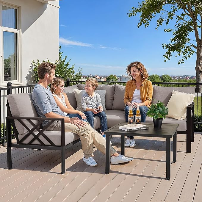 Patio Furniture Set, 6-piece Metal Sectional Furniture Sofa with Coffee Table, L Shaped Outdoor Couch with Olefin Cushion, Highback Frame, Outdoor Patio Conversation Sets for Balcony Backyard, Grey ONBRILL