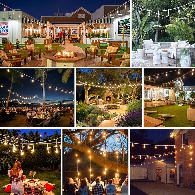 96FT(48×2) Outdoor String Lights, Commercial Grade Heavy Duty White Wire Patio Light with Dimmable S14 Shatterproof LED Bulbs, Linkable Waterproof Bistro Lights for Outside Deck Backyard Cafe Market Lakumu