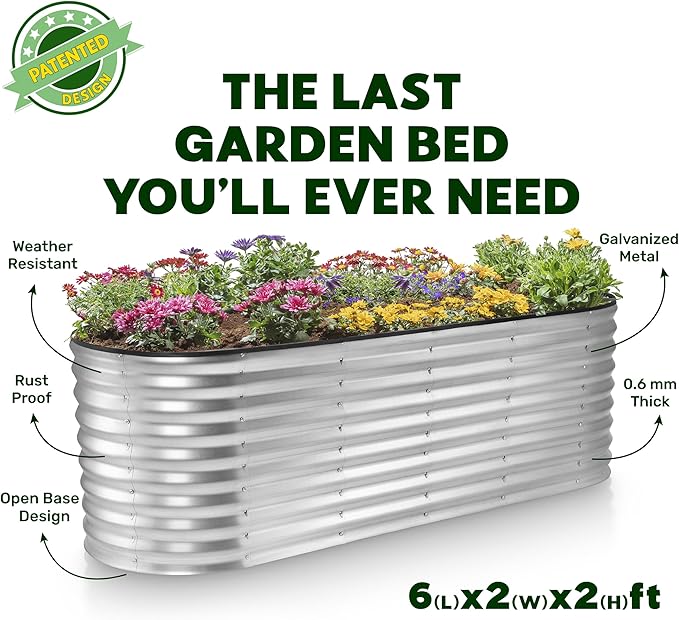 Plant & Plot Galvanized Raised Garden Beds Outdoor // 6×2×2 ft Planter Raised Beds for Gardening, Vegetables, Flowers // Large Metal Garden Box (Silver) // Patented Tool-Free Design PlantPlot