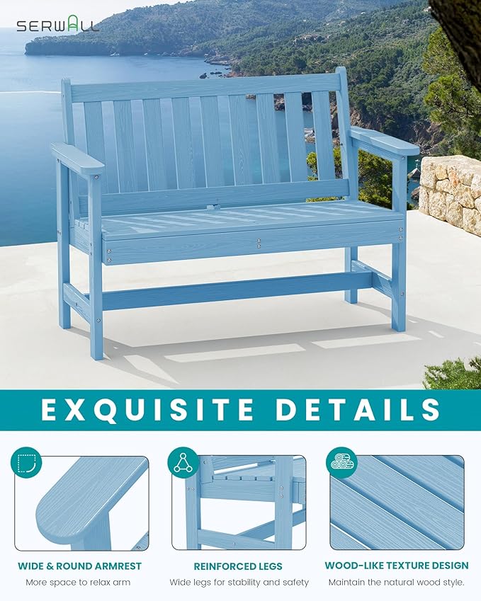 SERWALL Outdoor Bench, HDPE Outdoor Benches Weatherproof, 2-Person Garden Bench with 660 lbs Weight Capacity, Patio Benches for Outdoors, Garden, Porch, Backyard and Park, Light Blue, 4 Pack SERWALL