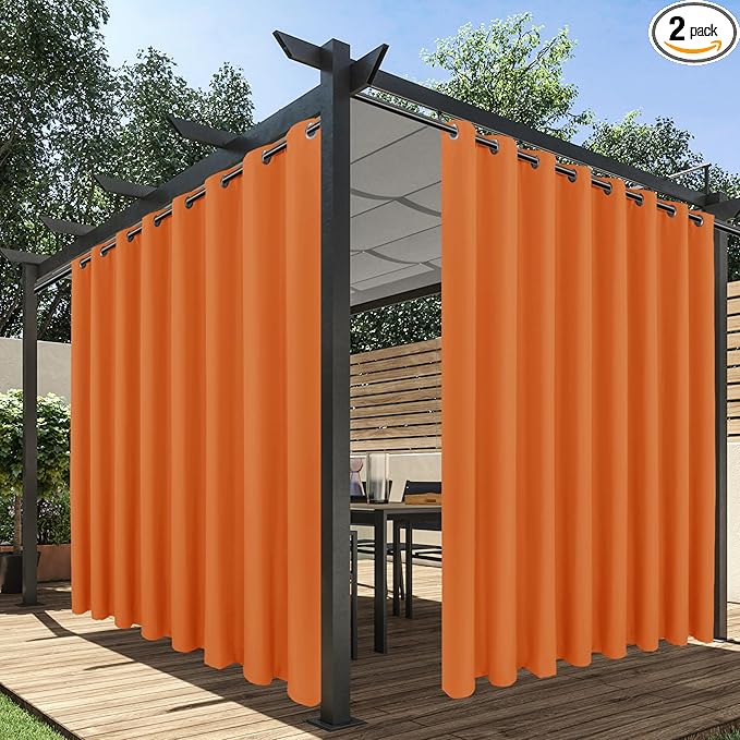 HolidayIdeas Extra Wide Outdoor Curtains for Patio Waterproof, 2 Panels - 110 x 95 Inch - Privacy & Light Filtering Curtains Grommet Outside Curtains for Porch, Gazebo, Backyard (Mecca Orange) HolidayIdeas