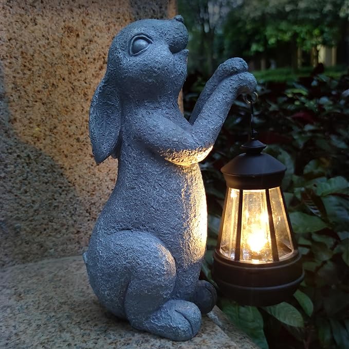 Rabbit Solar Garden Statues,Resin Rabbit Figurine Decorations with Solar Lights Lantern, Outdoor Figurines Lawn Garden Statue Decor Art for Lawn,Yard, Balcony Ornament. Qobumy