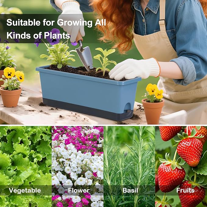 Window Box Planter 4 Packs, 17 Inches Rectangle Flower Pots with Drainage Holes & Trays, Pots for Vegetables, Herbs, Flowers, Garden Windowsill Balcony (Blue, 17 * 5.1 * 6 inch) Oliz
