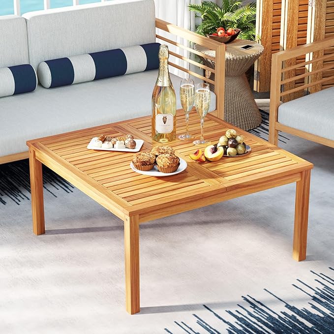 Tangkula Patio Wood Coffee Table, Solid Acacia Wood 35.5 Inches Side Table with Slatted Tabletop, Outdoor Square Table for Backyard, Porch, Balcony TANGKULA