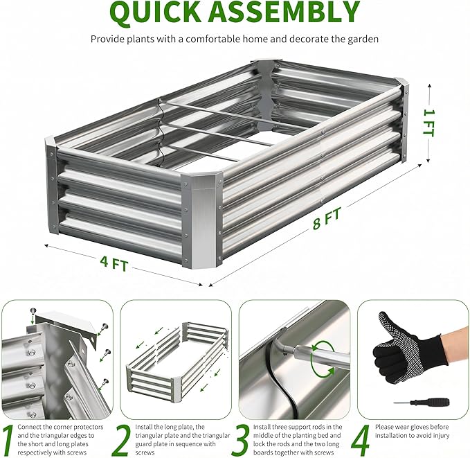 Galvanized Raised Garden Bed,Outdoor Planter Box Metal Patio Kit Planting Bed for Vegetables Flowers Herb (Galvanized, 4x2x1ft-2p) Anmiro