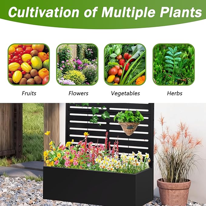 Metal Raised Garden Bed with Trellis,Planter Box for Climbing Plants, Vegetables & Vines, Features Drainage Holes and Privacy Screen.raised garden beds outdoor planters for porch (Black, 71"x35"x16") Gawicpy