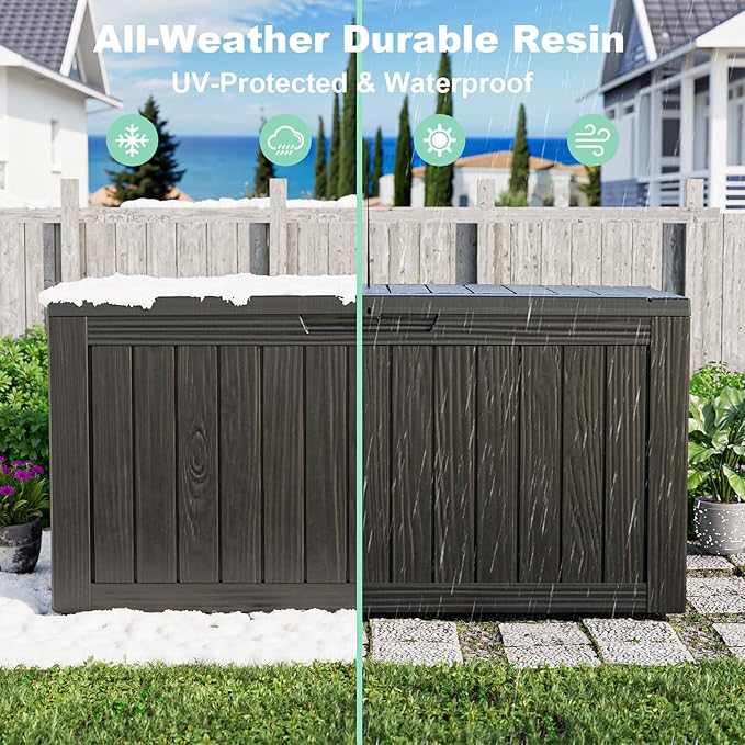 86 Gallon Outdoor Deck Box, Lockable Waterproof Outdoor Storage Boxes For Garden Tools,Indoor Cushions,Accessories Outside Storage Resin Weatherproof Container(Black) MAIUSCOLI