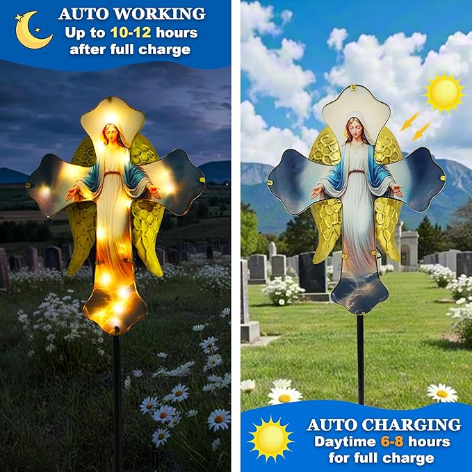 Solar Virgin Mary Cross Garden Lamp for Grave - Angel Wing Memorial Decoration, Waterproof Solar Stake Lamp for Easter, Courtyard, Yard - Sympathetic Gift for Loved Ones. Elegant Cross Rootora