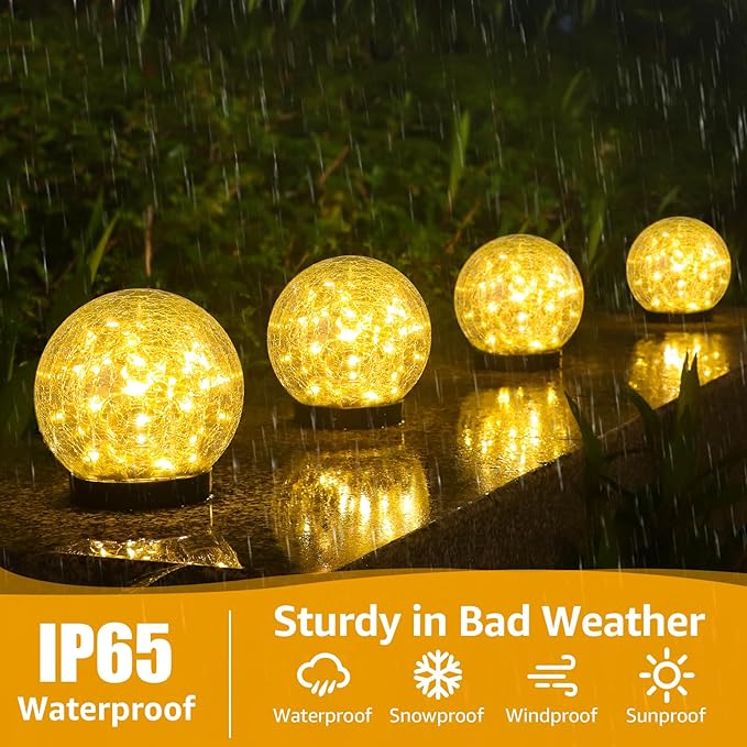 2-Pack Garden Solar Lights Outdoor, Cracked Glass Ball Light Waterproof, Decorative Solar Globe Lights Warm White for Yard Pathway Patio Lawn ASOMST