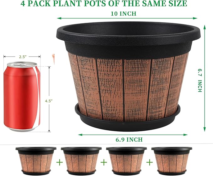 Quarut 4 Pack 10 inch Plant Pots,Upgrade Whiskey Barrel Planters with Drainage Holes & Saucer,Plastic Decoration Flower Pots Retro Design,Planters for Outdoor Indoor Garden Home Plants (Brown) Quarut