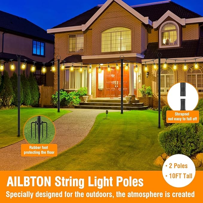 AILBTON 10 Pack 10Ft String Light Poles,Light Poles for Outside String Lights,Outdoor Light Poles with Fork,Metal Pole Stand for Patio,Backyard,Deck AILBTON