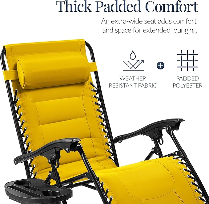 Best Choice Products Oversized Padded Zero Gravity Chair, Folding Outdoor Patio Recliner, XL Anti Gravity Lounger for Backyard w/Headrest, Cup Holder, Side Tray, Polyester Mesh - Yellow BestChoiceProducts