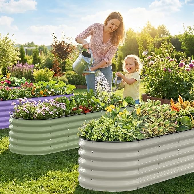 Kesfitt Raised Garden Bed, Metal Galvanized Steel Oval Garden Bed 8x2x1.5 ft with 18-Inch Deep Open-Bottom Design for Outdoor Vegetable Gardening, Pearl White Kesfitt