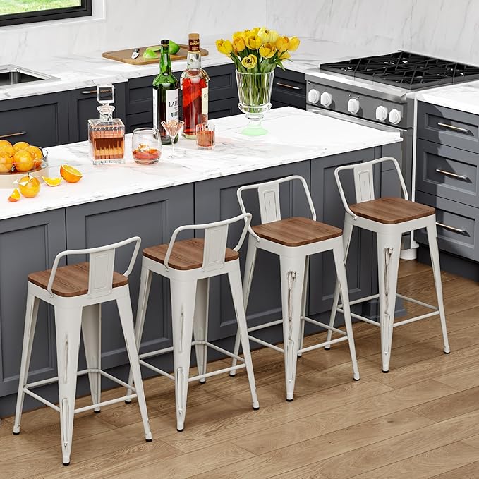 WENTMENT Bar Stools Set of 4 Counter Height Bar Stools Metal Barstools with Removable Back 30" Kitchen Bar Stools with Wooden Seat, Distressed White WENTMENT