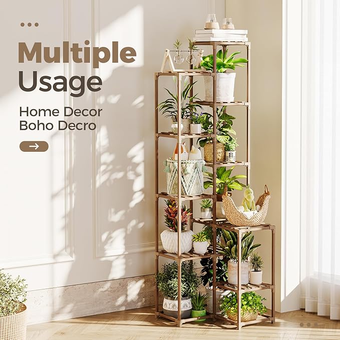 Bamworld 72" Tall Plant Shelf Indoor Outdoor Corner Plant Stand Large Plant Table Wood Plant Holder for 10 Pots Multiple Plants Patio Balcony Garden Office Home Decor Bamworld