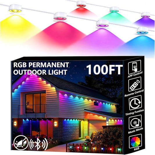 Permanent Outdoor Lights, 100ft Smart Eave Lights with RGB LED Light, IP67 Waterproof, App Control, DIY RGB Light for House Halloween Decorations Rootora