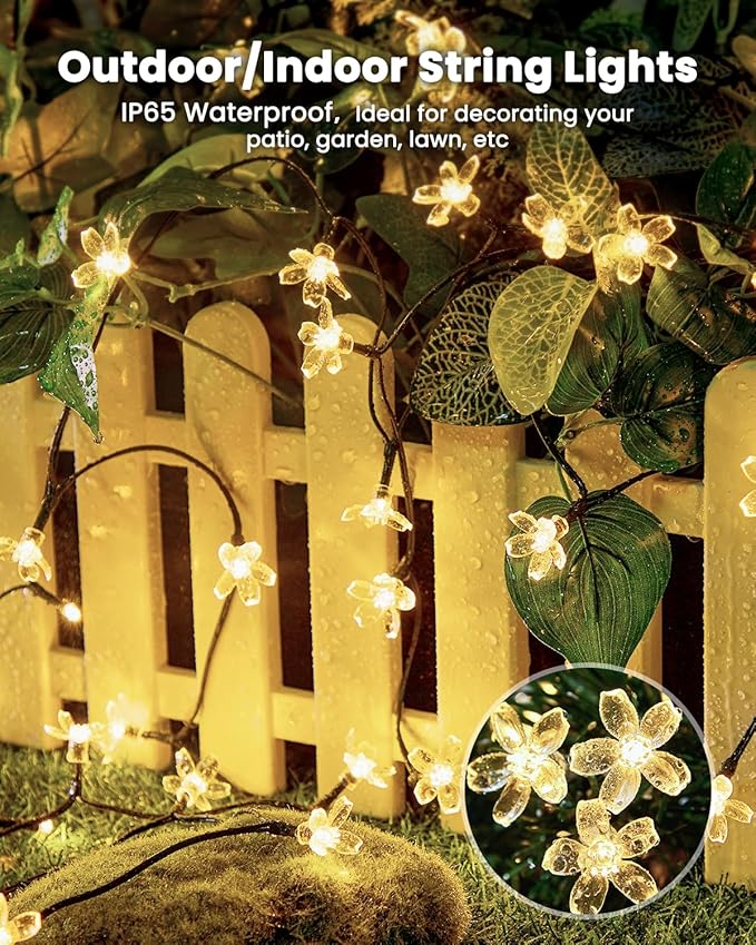 Brightown 2 Pack Total 52FT 120 LED Solar String Lights Flower Outdoor Waterproof Fairy Lights for Garden Yard Fence Patio Christmas Tree Wedding Party Decor, Warm White Brightown
