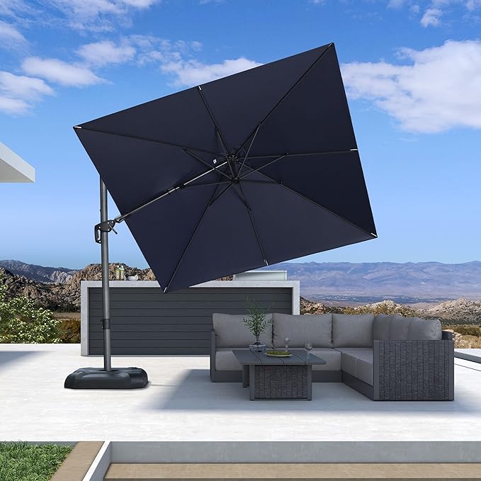 PURPLE LEAF 9' X 9' Left-right Tilt Patio Umbrella Outdoor Cantilever Swivel Square Umbrella with Tilt Aluminum Offset Umbrella with 360-degree Rotation for Garden Deck Pool Patio Navy Blue PURPLELEAF