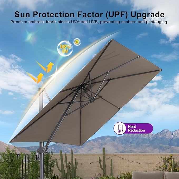 PURPLE LEAF Patio Umbrella 8' X 8' Rectangle Cantilever Umbrella Large Aluminum Outdoor Umbrellas with 360-degree Rotation & UPF40+ Premium Fabric for Deck Pool Garden Yard, Ash Mocha Rootora