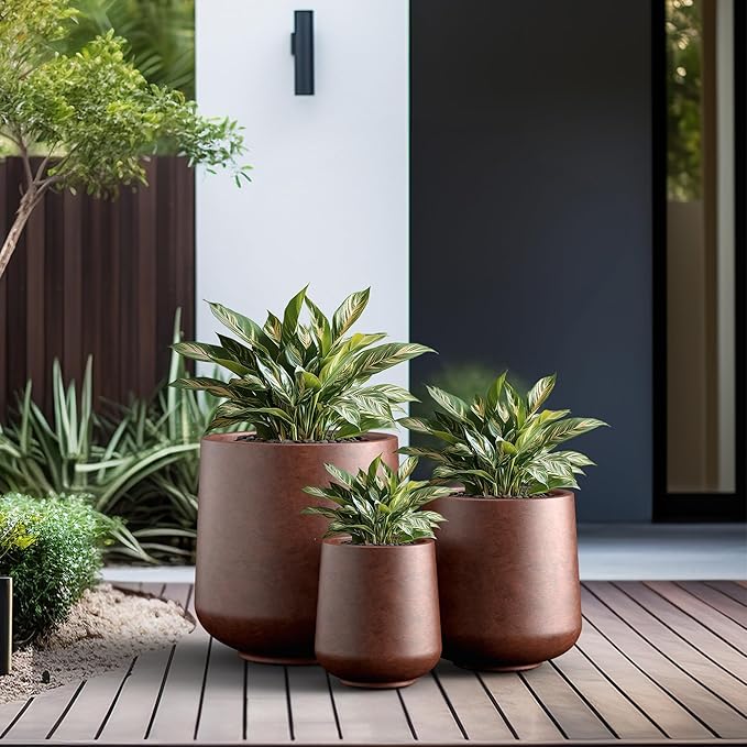 Kante 15.3"+11.6"+8.2" Dia Round Concrete Planter, Large Outdoor Indoor Planter Pots Containers with Drainage Holes and Rubber Plug for Home Garden Patio, Rusty Kante