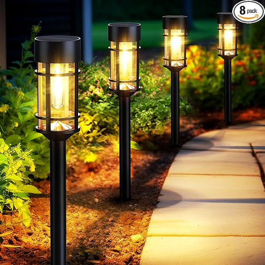 Mancra Solar Pathway Lights, 8 Pack LED Solar Lights Outdoor Waterproof, Glass Metal Garden Lighting for Yard Path Landscape Lawn Walkway Driveway, 3000K Mancra