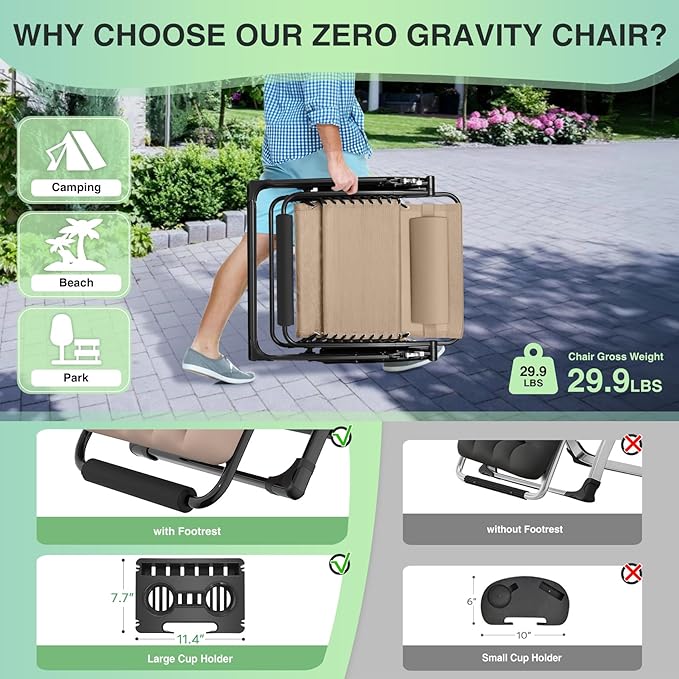 Suteck Oversized Zero Gravity Chair, 29In XL Outdoor Recliner Chair w/Removable Cushion&Headrest, Camping Lounge Chair w/Upgraded Lock&Footrest, Reclining Patio Chairs for Indoor Outdoor,500LBS Suteck