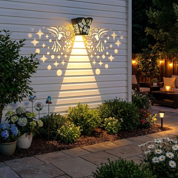 2 Pack Solar Fence Lights Outdoor Wall lihgts Decorations Metal Solar Deck Lights Waterproof LED Solar Powered Step Light Warm White Decorative Lighting for Garden, Front Door (Hummingbird) Gardsee