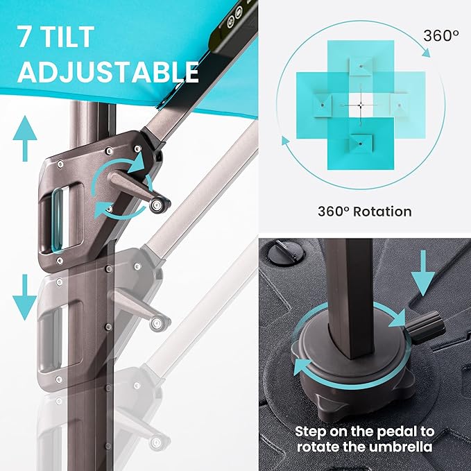 10 X 13 FT Cantilever Patio Umbrella with LED Lights Outdoor Heavy Duty Double Top Windproof Rectangle Offset Umbrellas with 360-degree Rotation for Pool Deck Backyard, Turquoise Ombrellon
