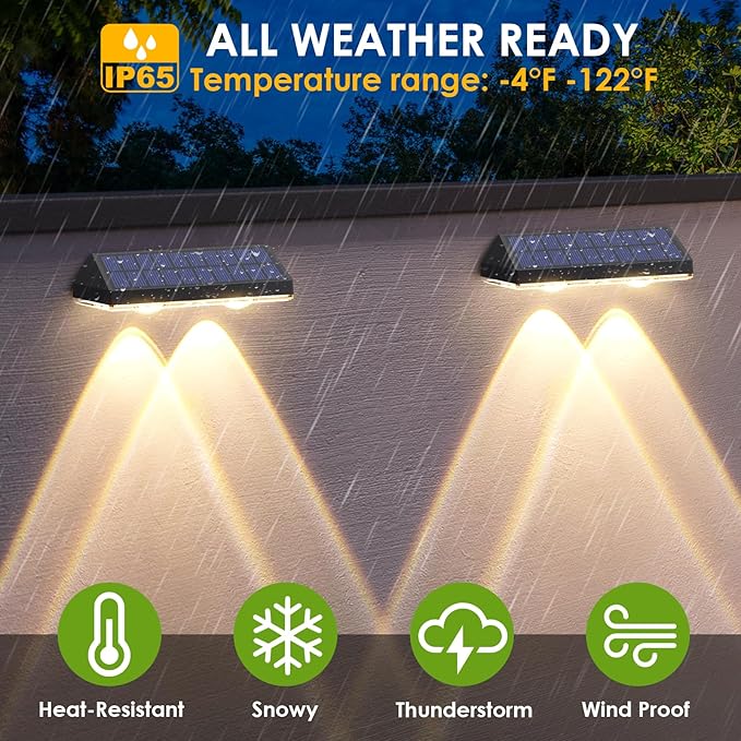 Solar Fence Lights - 2PK Solar Outdoor Light Warm White/Daylight White/Cold White 3 Modes Deck Lights for Outside, Deck Fences, Stair Railings, Pools and Walls LIANGLOME