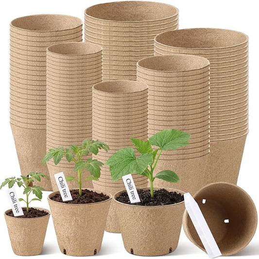 120 Pcs Round Peat Pots 2.4"+3.14"+4" Plant Starter Nursery Pot with Drainage Holes Garden Germination Seedling Pots with 120 Plant Labels for Indoor Outdoor Gardens Rootora