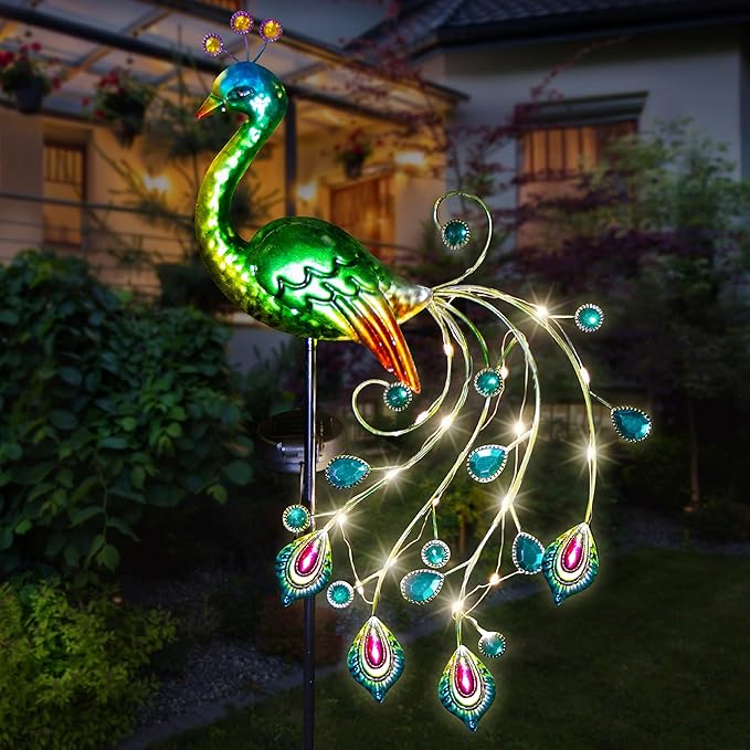 Glintoper Solar Garden Lights, 39 Inch Height Outdoor Metal Peacock Decorative Garden Stakes, Mothers Day Ideal Gifts, Waterproof Path Lights Lawn Stake Ornaments for Patio Pathway Yard Decoration Glintoper
