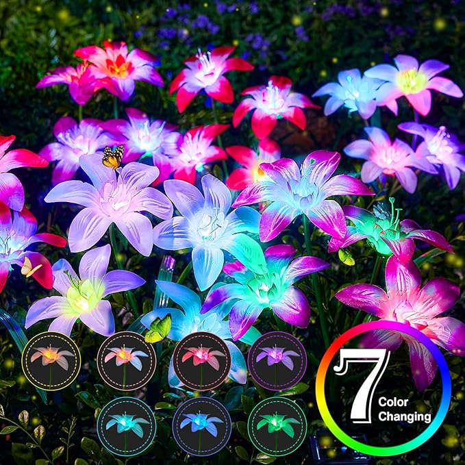 Solar Garden Lights Outdoor, 6 Pack Blooming Lily Solar Flowers Outdoor Waterproof, 7 Color Changing Bigger Flower Lights for Yard Patio Outside Decorative Mom Gift AHAORIGIN
