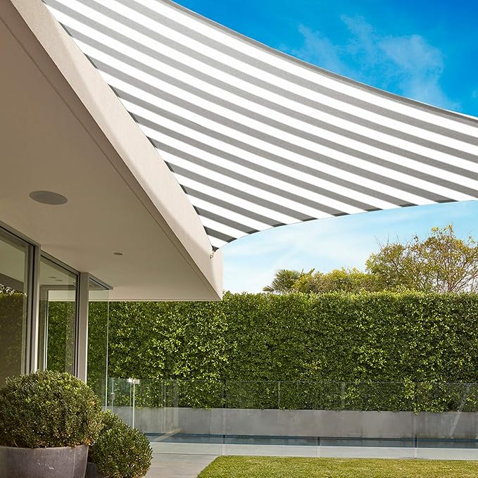 E&K Sunrise 19' x 19' x 19' Sun Shade Sail Triangle Canopy Shade Cover UV Block for Patio Backyard Garden Outdoor (Gray White Strip) EKSUNRISEINC