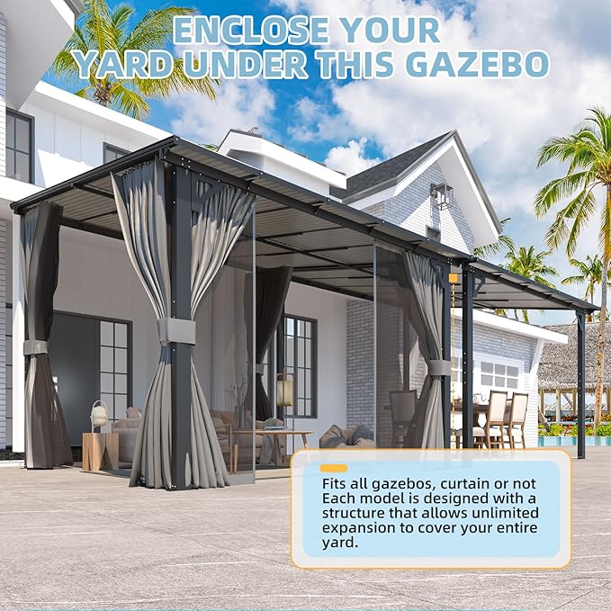 AECOJOY Wall Gazebo 12’ x 10’ with Curtains and Mosquito Netting, 10'x12' Hard Top Gazebos Pergola on Clearance, Outdoor Patio Lean to Gazebo Canopy Awnings for Deck, Porch, Backyard and Outside AECOJOY
