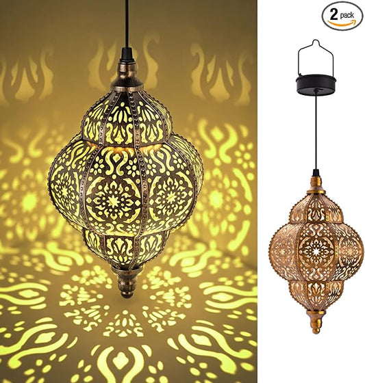 Hanging Solar Lights Outdoor Garden Decor Solar Lantern Waterproof Plastic Moroccan Outdoor Decorations for Patio Pathway Yard Backyard Garden Decorative (2 Pack, Bronze) Hapjoy