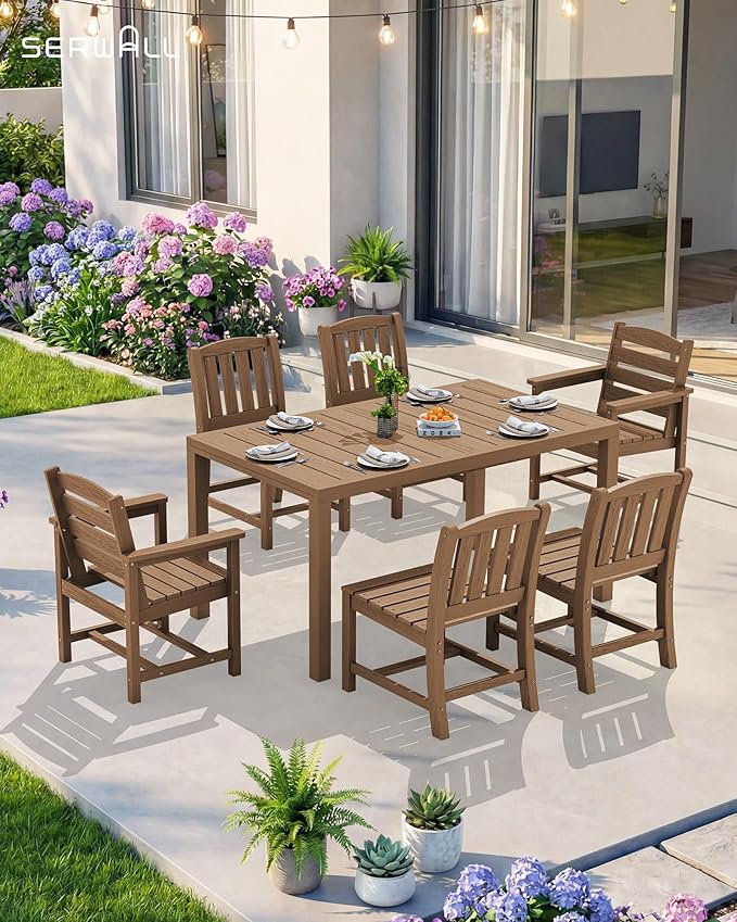 SERWALL Outdoor Expandable Dining Table 60" - 83", Patio Dining Table for 4-10 People, All Weather HDPE and Aluminum Outdoor Furniture for Backyard, Garden, Brown SERWALL