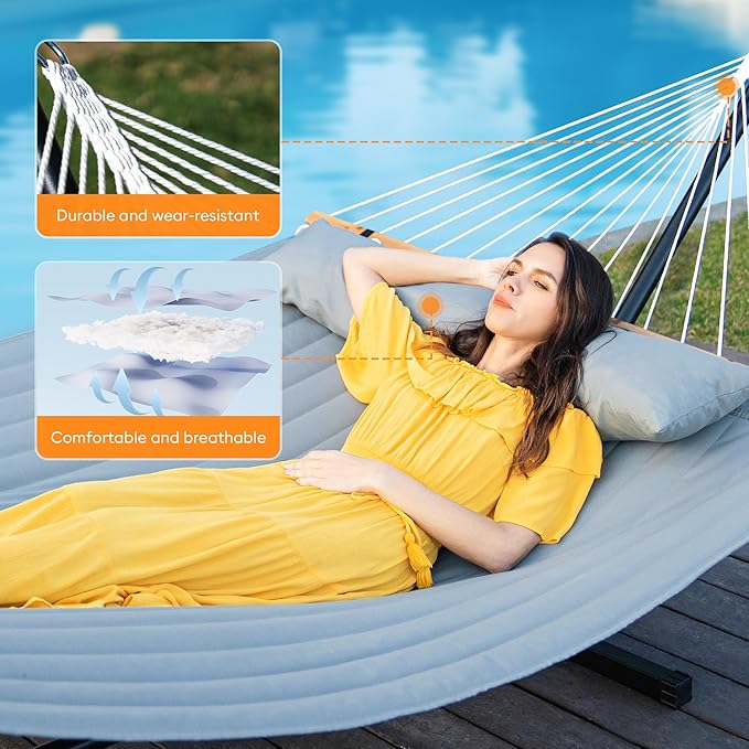 Double Hammock with Spreader Bar,Soft Pillow,Max Load 500lbs,Portable Hammock for Outdoor,Camping,and Backyard,Dark Gray Rootora