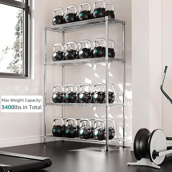 IZEUK 3400 LBS Garage Shelving Wide Storage Shelves 4 Tier Metal Shelves Heavy Duty Adjustable Utility Shelf Rack Chrome 17.7" D x 47.2" W x 70.4" H IZEUK