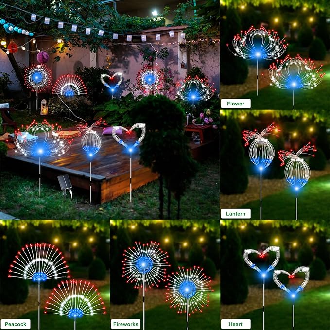 Solar Garden Lights Outdoor, 4 Pack Total 480 LED Solar Firework Lights Decorative 4th of July Decoration, Outdoor Waterproof Lights for Outside Yard Garden Pathway Decor Slyuexu