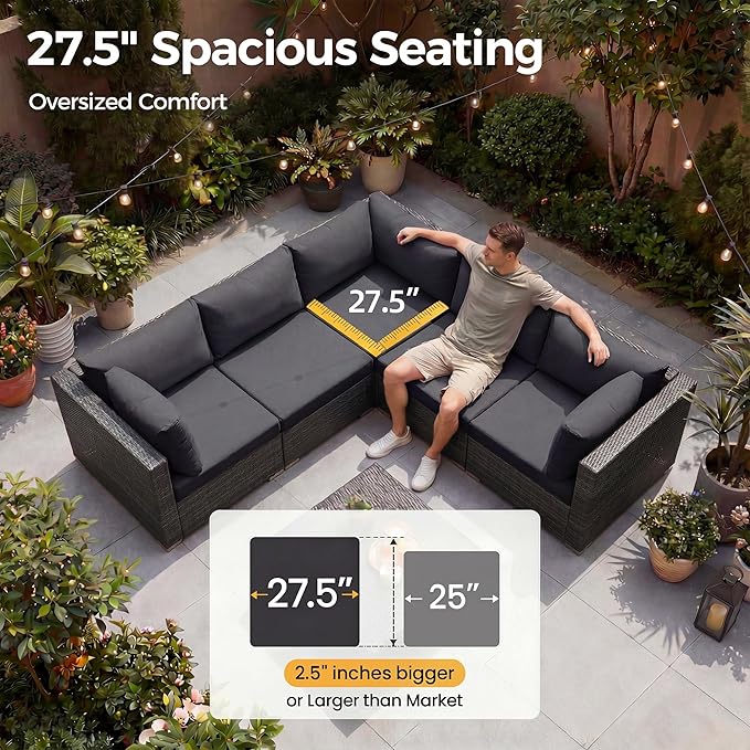 NICESOUL 29.3'' High Back Outdoor Patio Sectional Furniture Sofa Set with Fire Pit Table Natural Gas/Propane, 7 Piece Luxury Extra-Large Wicker Conversation, Deep Wide Couches for Backyard, Dark Gray NICESOUL