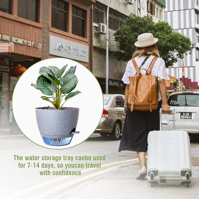 10 inch Self Watering Pots, Planter, Plant Pots with Mesh Drainage Holes for Indoor Outdoor House Plants and Garden, Set of 2 Plastic Flower Pots with Deep Reservoir, Speckled Grey WSMKSZ