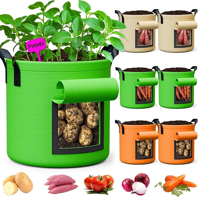 5 Gallon Potato Grow Bags - 6 Pack 350g Heavy Duty Thick Aeration Nonwoven Fabric Pots with Handles, Potatoes Grow Bags 5 Gal with Flap, Garden Bags for Growing Potatoes Plant Vegetables Flower RVZHI