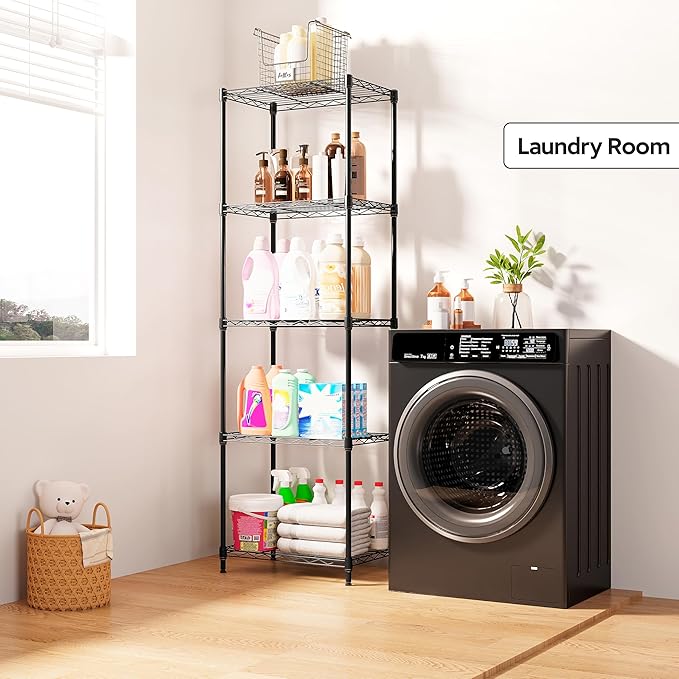 5 Tiers Shelf Metal Storage Shelves Wire Rack Closet Organizers with Wheel for Garage Kitchen Bathroom Laundry Black 11.8" D x 17.7" W x 55" H MEIGAOPLASTICANDMETALHKCOLIMITED