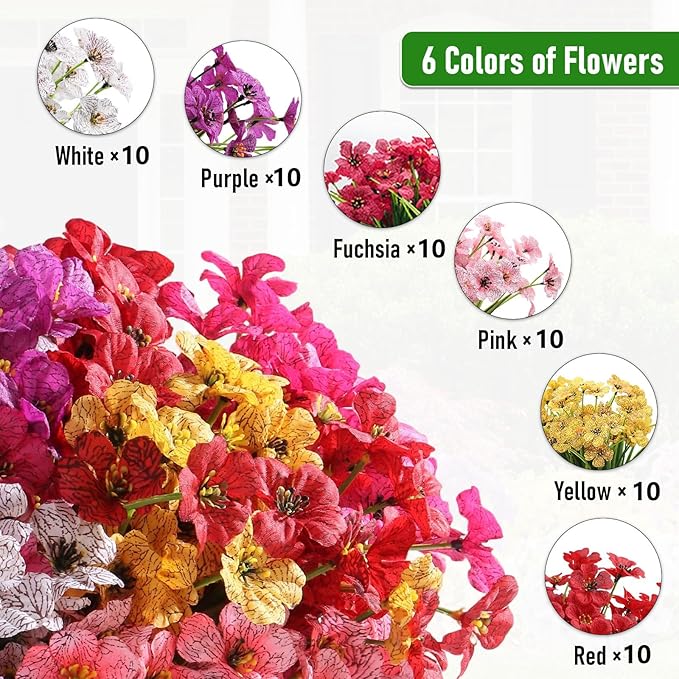 60 Pack Artificial Flowers Outdoor, Faux Silk Flowers for Outdoors Outside Front Porch Hanging Planter Window Box Garden Decoration(Mixed) Powbrace