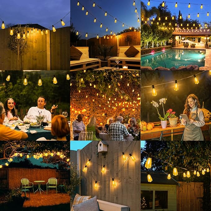 Brightever LED Outdoor String Lights 100FT Patio Lights with 52 Shatterproof 2200K ST38 Vintage Edison Bulbs, Amber Outside Hanging Light Waterproof for Porch, Deck, Garden, Dimmable Amber Lights Brightever