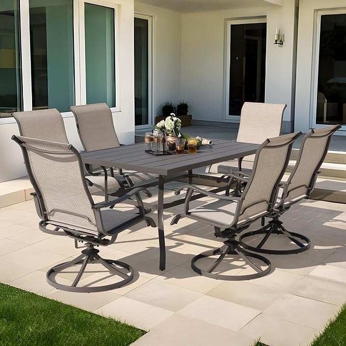 NUU GARDEN 7-Piece Outdoor Dining Set for 6, 61'' x 37'' Rectangle Metal Table with Umbrella Hole & 6PCS Textilene Swivel Chairs, All-Weather Patio Outdoor Furniture for Porch Backyard Garden Poolside NUUGARDENCORPORATION