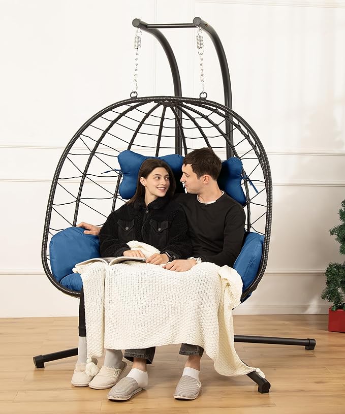 Double Egg Chair with Stand Hammock Swing Chair Foldable Hanging Loveseat, UV Resistant Removable Cushions, 700LBS Capacity for Bedroom, Balcony, Garden(BK-BL) DoubleTT